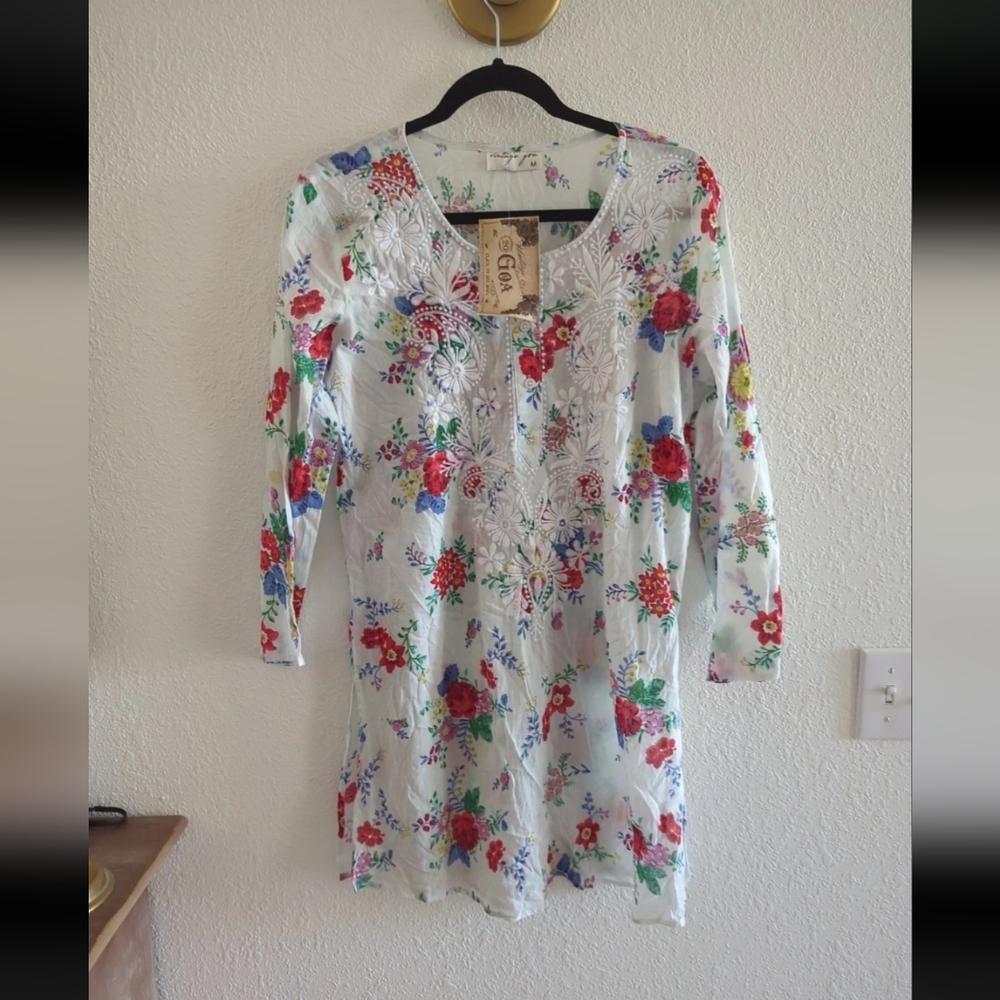 Vintage Goa Embroidered Floral Boho Tunic Top Blouse White  100% Cotton Beach M